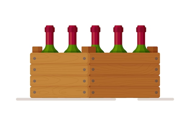 Vector vector illustration of a wooden box with bottles of wine