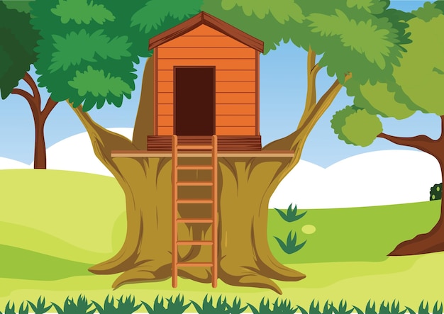 Векторная иллюстрация изображения деревянного дома на дереве для детских книг