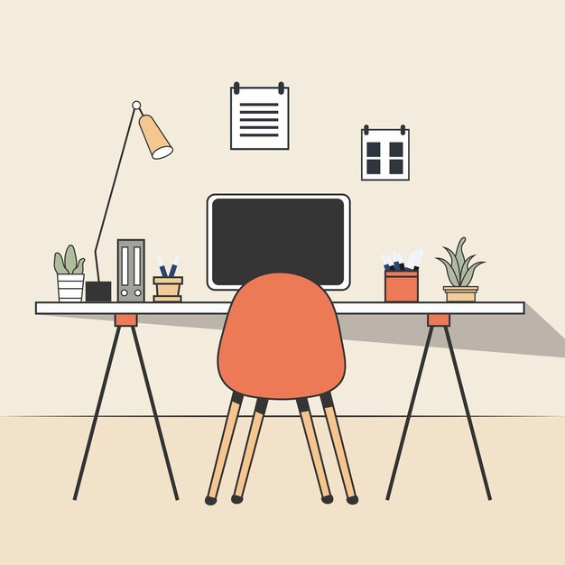 Vector illustration of a work station desktop setup with computer and other necessary objects