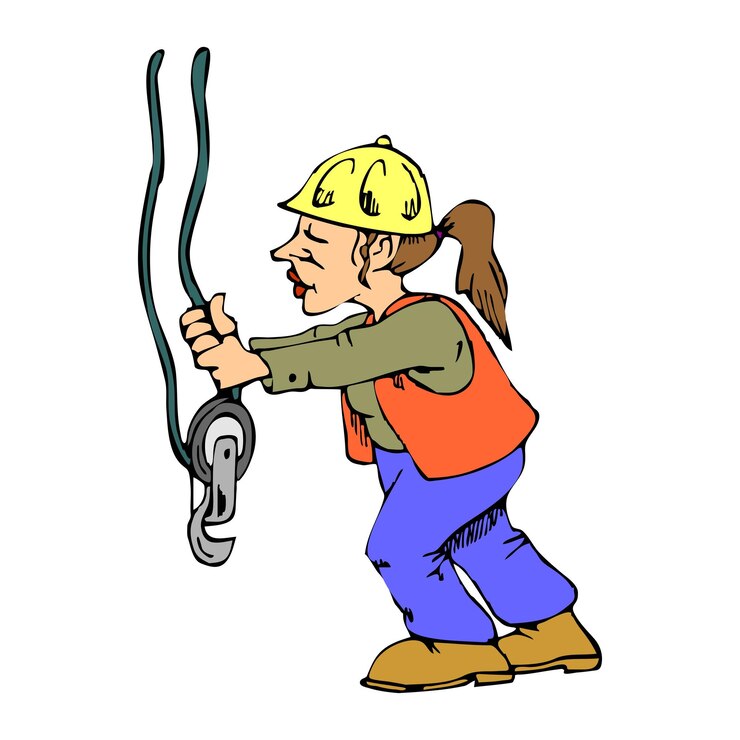 Vector vector illustration of worker woman pulling industrial crane hook in cartoon style