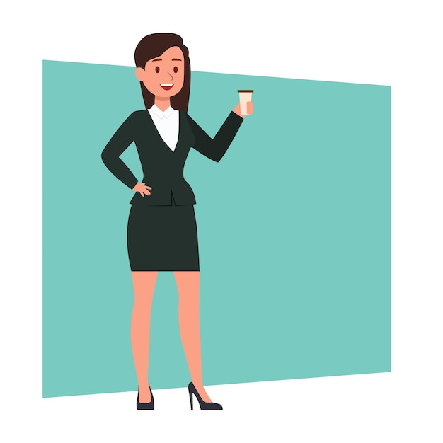 Vector vector illustration of a working woman in formals and holding coffee cup in hands on light green wal