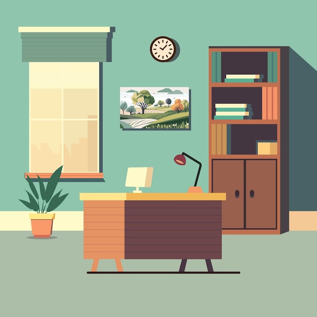 Vector Illustration of Workplace Desk With Book Shelves Plant Pot Wall Clock Nature Landscape Scenery And Roller Window In Study Room or Office Interior