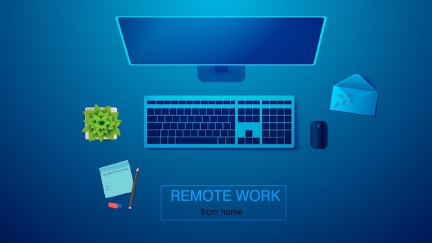vector illustration of a workplace for remote work. monitor, keyboard with mouse, envelope, smartphone, flower in a pot. eps 10.