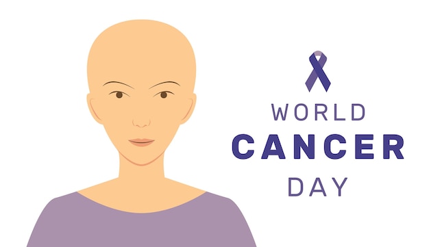 Vector illustration of World cancer day with purple ribbon and cartoon hairless woman