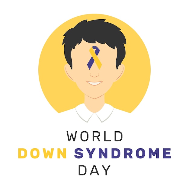 Vector illustration of World Down Syndrome Day with cartoon character and ribbon
