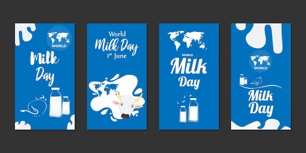 世界牛乳の日 6 月 1 日ソーシャル メディア ストーリー フィード セット モックアップ テンプレートのベクトル イラスト