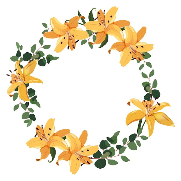 Vector illustration of a wreath with yellow lilies on a white isolated background with place for your text Template for greeting cards invitations web designs