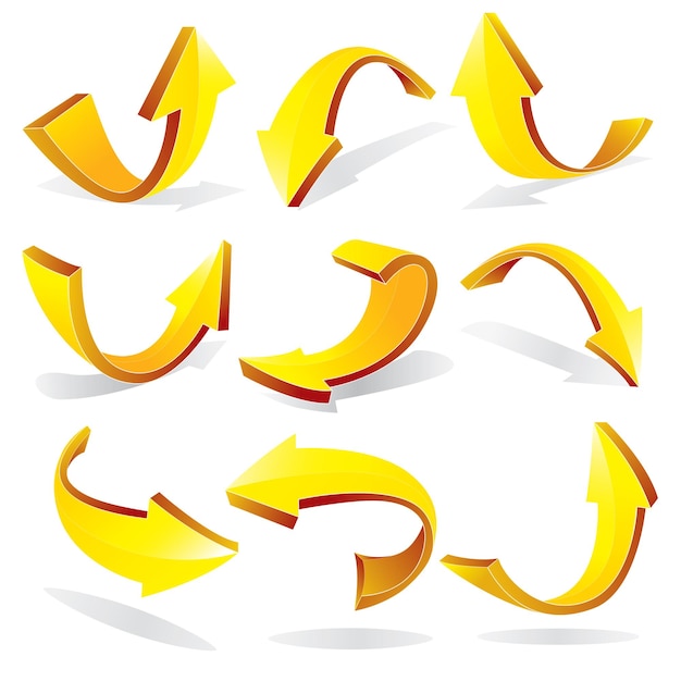 Vector vector illustration of yellow curved 3d arrows in different variation isolated on white