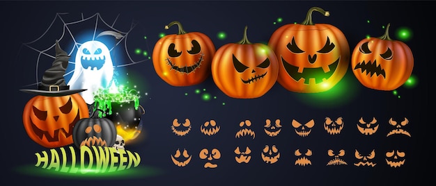 Vector illustration. Yellow pumpkins for Halloween. Jack-o-lantern facial expressions. Horror persons on dark background