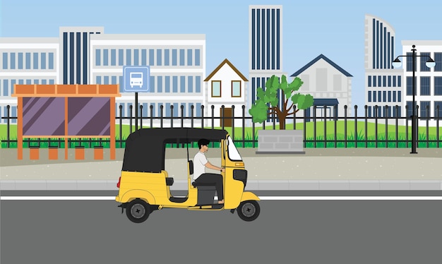 Vector vector illustration of yellow tuk tuk with driver traveling on the road