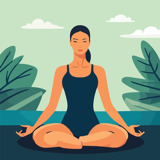 Vector vector illustration yoga woman meditation in lotus position with floral ornament spring colors and