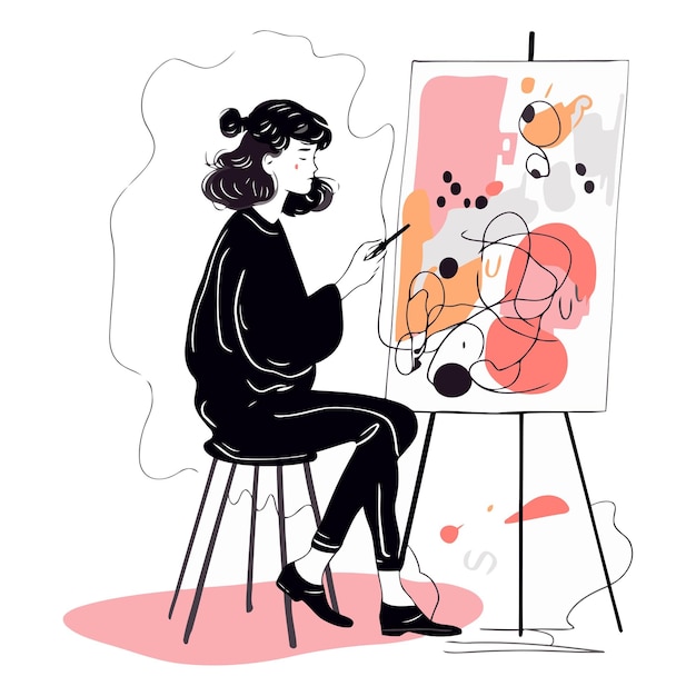 Vector vector illustration of a young beautiful woman painting a picture on canvas