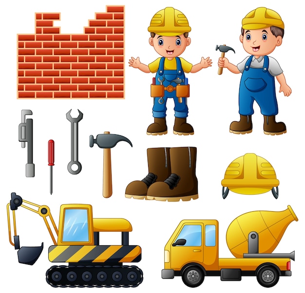 Vector illustration of Young builders and equipment set 