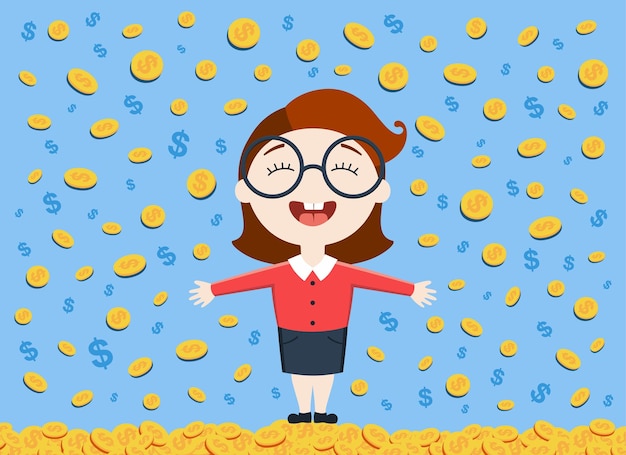 Векторная иллюстрация молодой деловой женщины, стоящей под денежным дождем