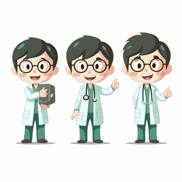 Vector vector illustration of a young doctor boy dressed as a medical professional cartoon pose