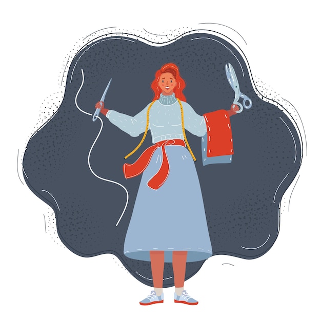 Vector illustration of Young female dressmaker tailor holds a pair of tailor's scissors and a needle and thread on dark