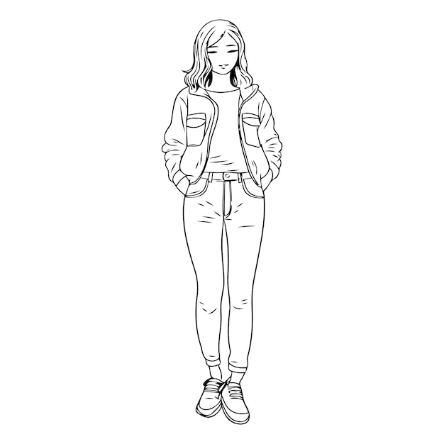 Vector vector illustration of a young girl in jeans and a hoodie