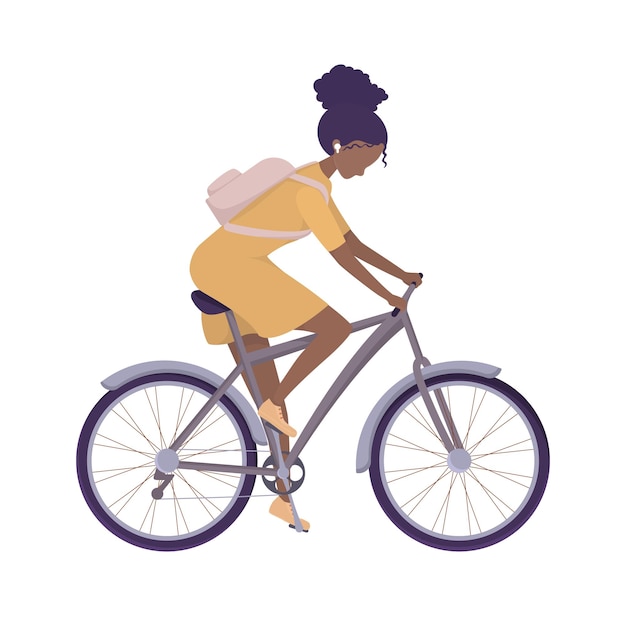 Vector vector illustration of a young girl rides a bicycle in a dress and with a backpack. a student or schoolgirl goes to class. woman cyclist riding a bicycle