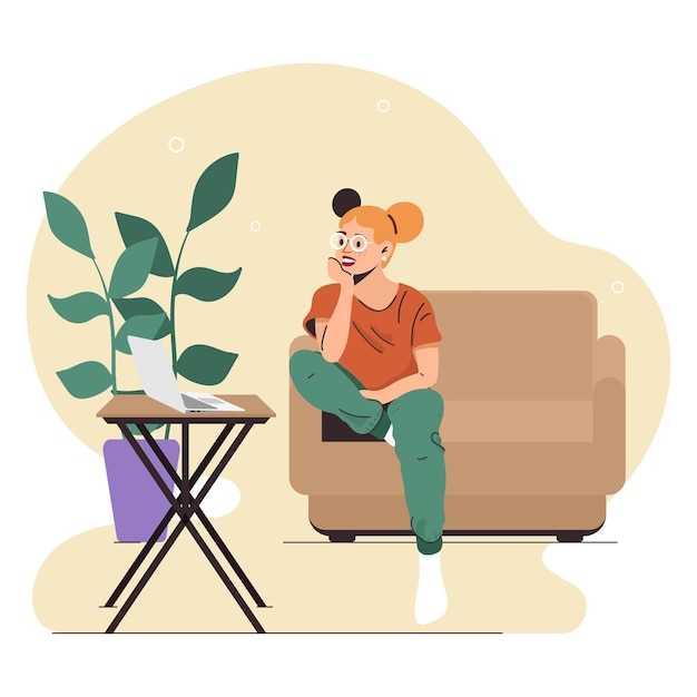Vector illustration of a young girl sitting on a sofa watching a movie