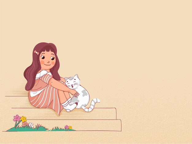 Vector Illustration Of Young Girl Sitting With Cute Girl At Stair And Copy Space On Peach Background.