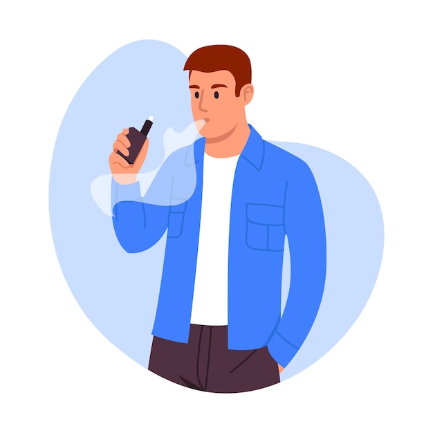 Vector illustration of a young guy smoking an electronic cigarette Cartoon scene of a guy who takes a puff and releases steam from his mouth wearing a white tshirt blue shirt and dark pants