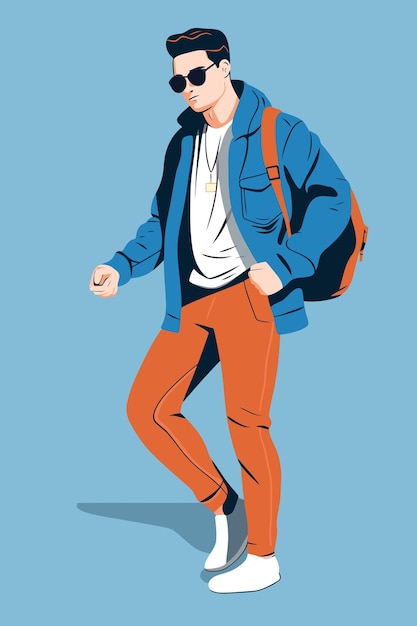 Vector illustration of a young man in a blue jacket with a backpack