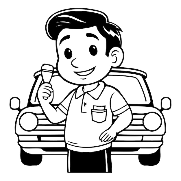 Vector vector illustration of a young man driving a car and drinking coffee