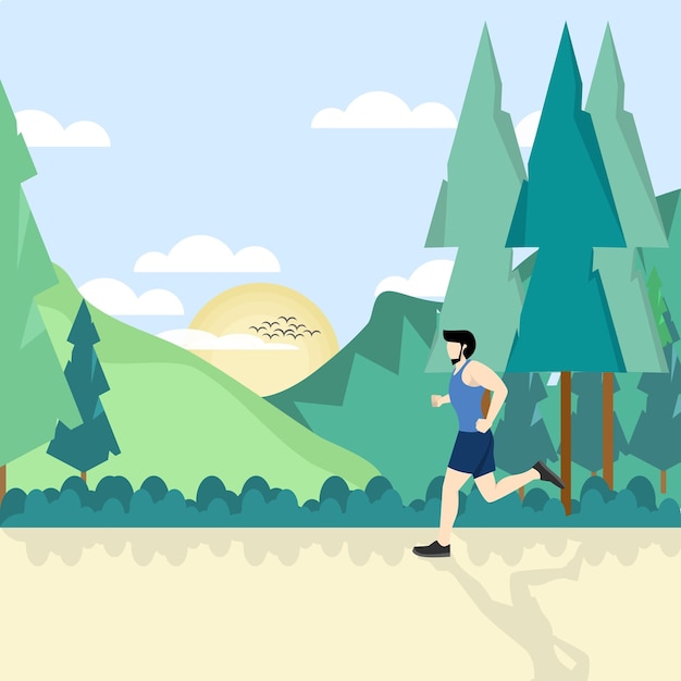 Vector vector illustration of young man jogging or active healthy lifestyle concept with morning run