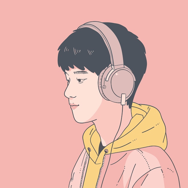 Vector illustration of a young man listening to music with headphones on a pink background