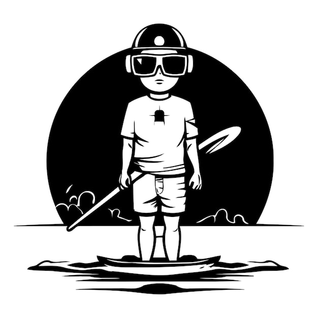 Vector vector illustration of a young man paddling on a stand up paddleboard