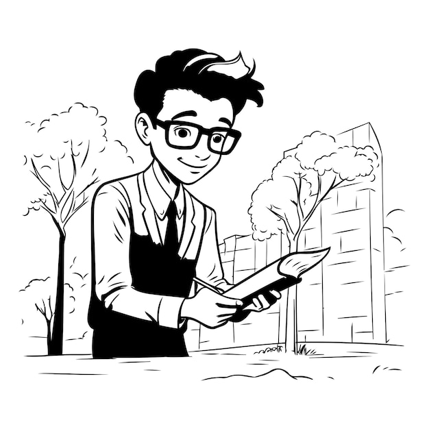 Векторная иллюстрация молодого человека, читающего книгу в парке