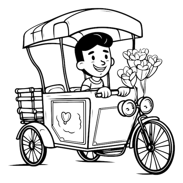 Vector illustration of a young man riding a tricycle with flowers