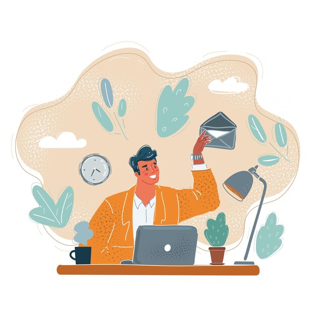 Vector vector illustration of young man send email sitting at the desk