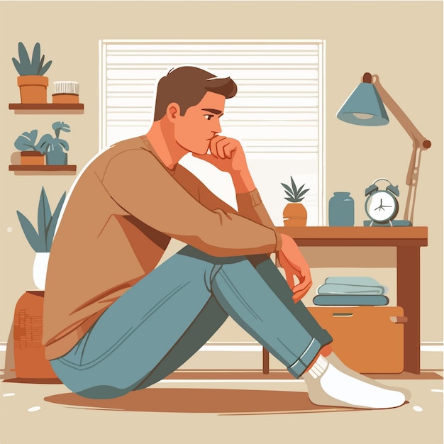 Vector vector illustration of young man sitting pensive stressed