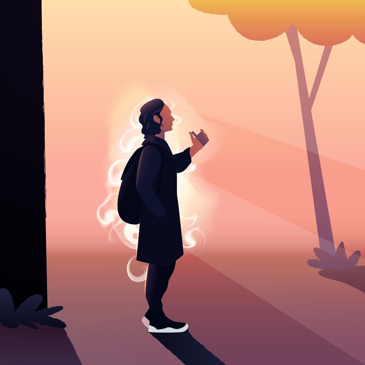 Vector vector illustration of a young man smoking vape outdoor in a park