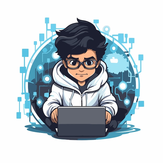 Vector vector illustration of a young man with a laptop in his hands