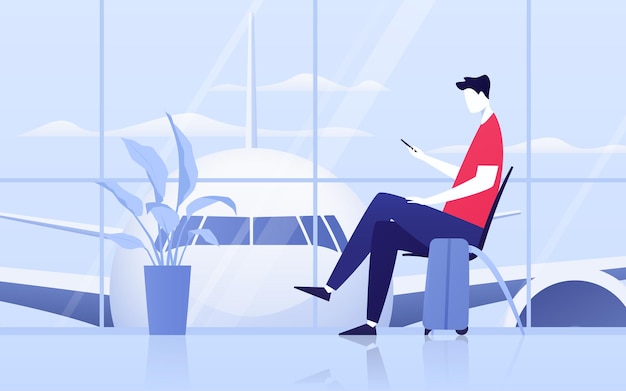 Vector illustration of a young man with phone sitting in the departure lounge at the airport