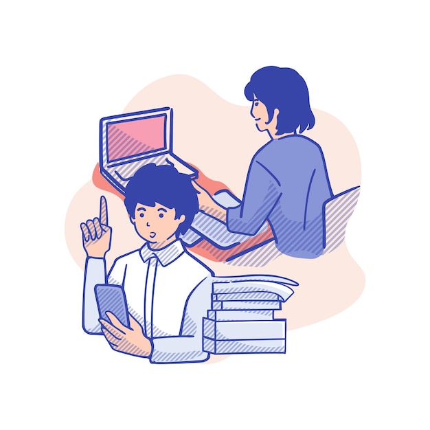 Vector illustration of young man and woman working together in office Hand drawn sketch style
