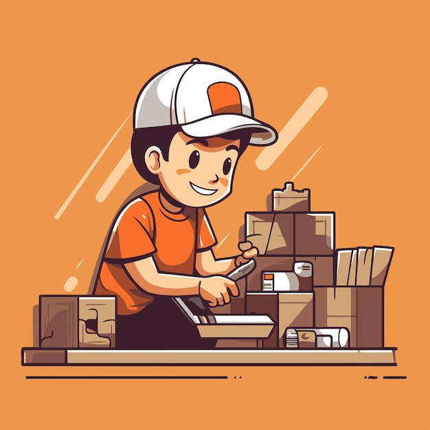 Vector illustration of a young man working in a warehouse Cartoon character