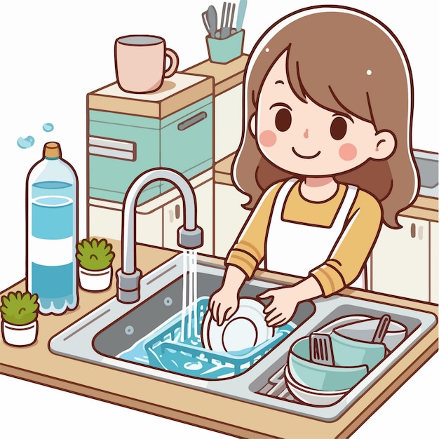 vector illustration of young mother washing dishes