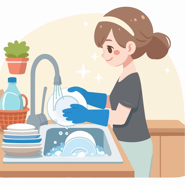 Vector vector illustration of young mother washing dishes