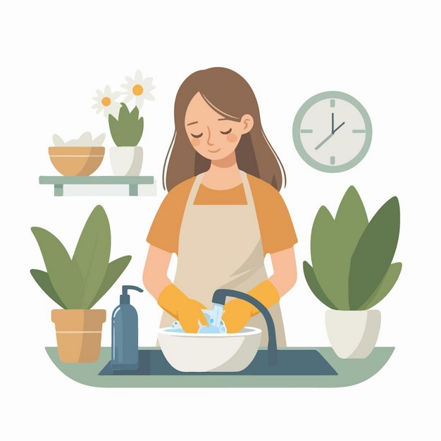 Vector vector illustration of young mother washing dishes