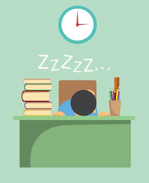 Illustrazione vettoriale di un giovane studente esausto dall'apprendimento e che dorme sulla sua scrivania