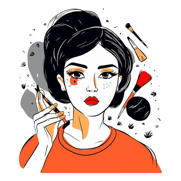 Vector illustration of young woman applying make up Hand drawn style