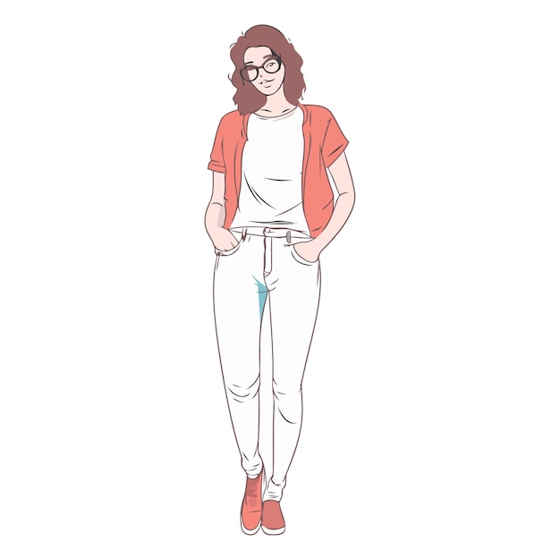 Vector vector illustration of a young woman in casual clothes and eyeglasses