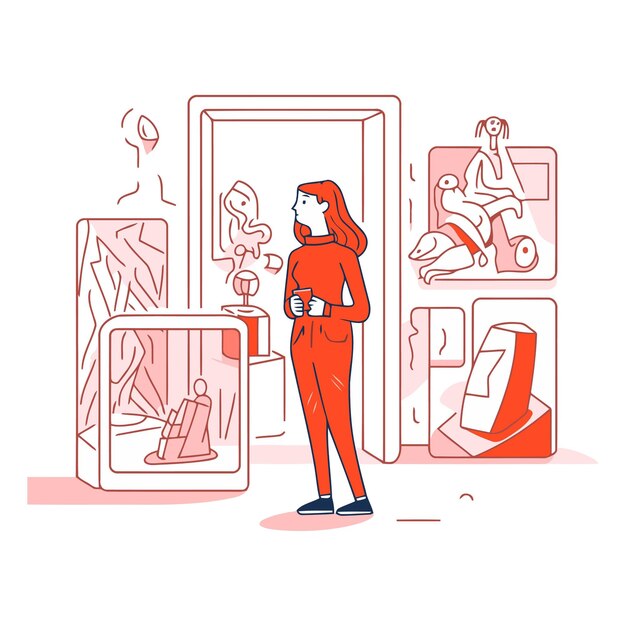 Vector illustration of a young woman choosing clothes in a shop window