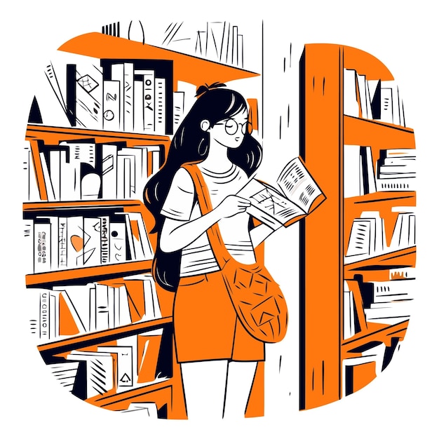 Vector vector illustration of a young woman in glasses reading a book in a library