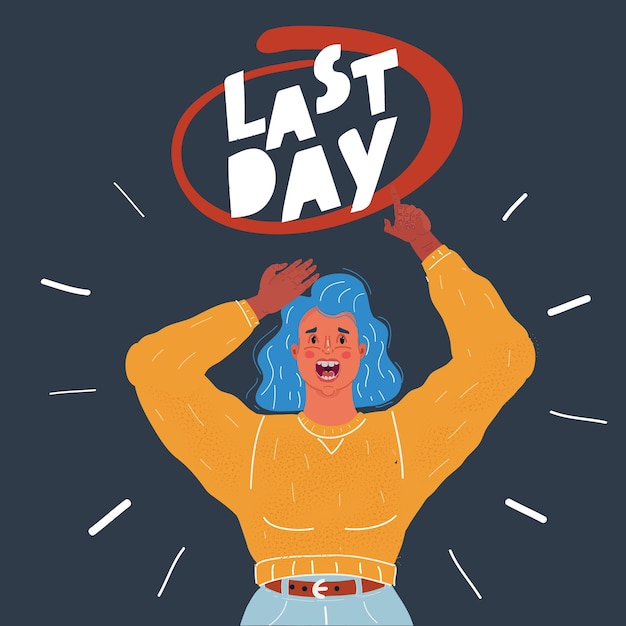 Vector illustration of Young woman horrified about last day Human character on dark backround