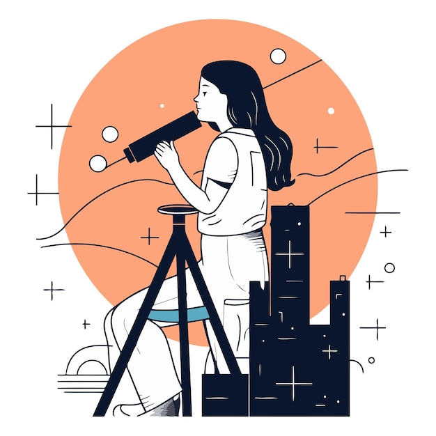 Vector vector illustration of a young woman looking through a telescope in the city