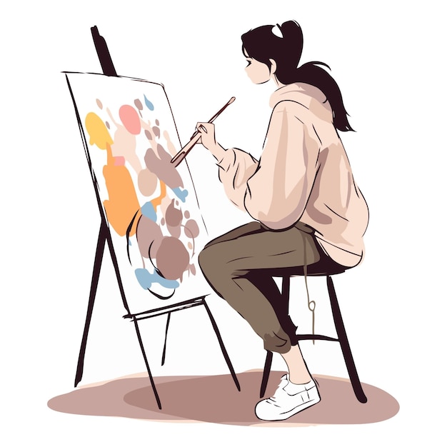 Vector illustration of a young woman painting a picture on easel